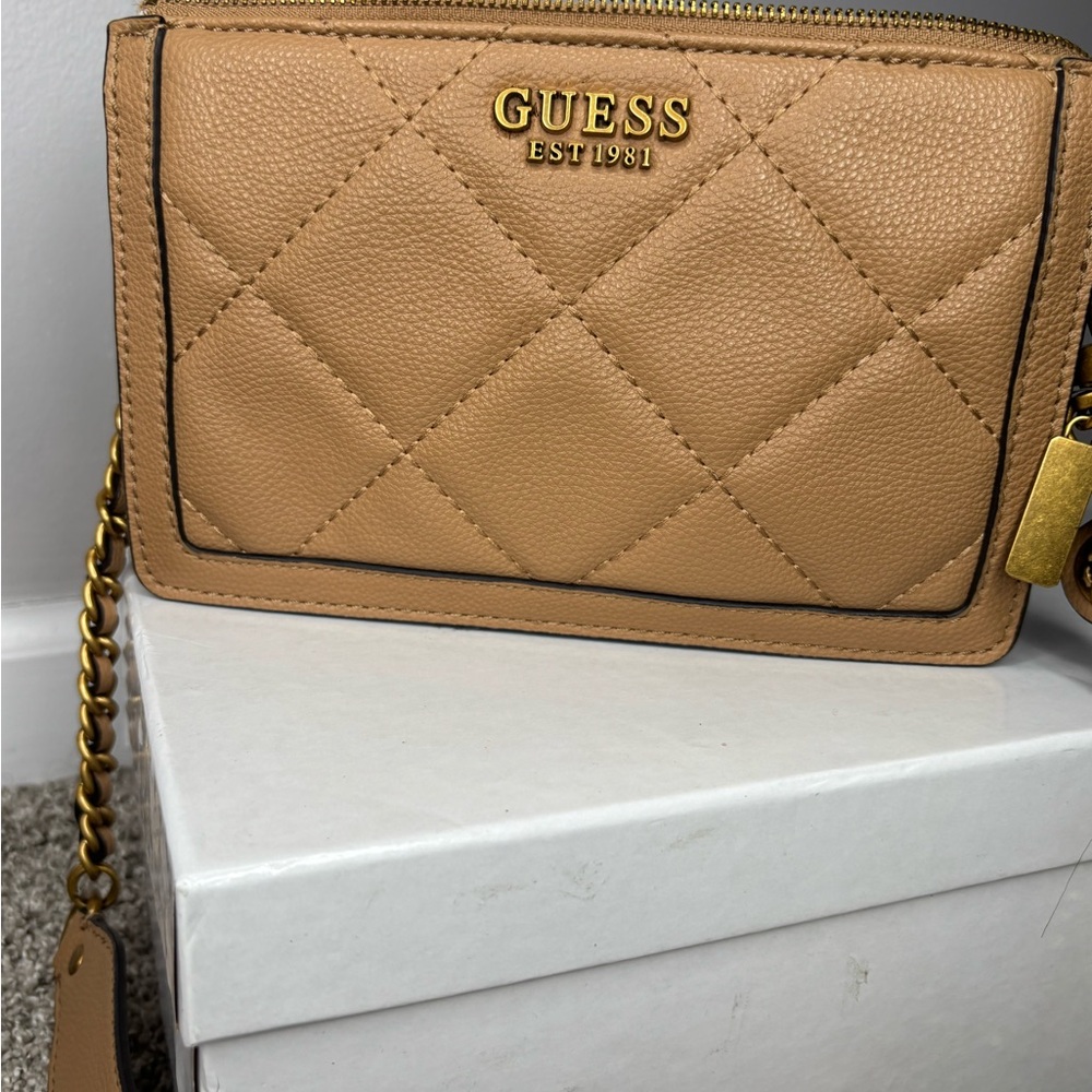 Guess Tan Quilted Crossbody Bag with Elegant Design